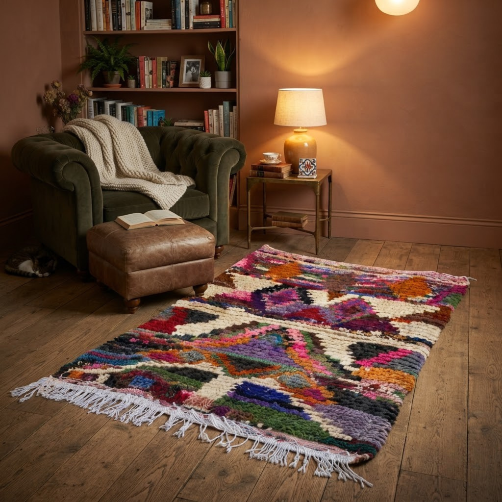 Handmade Moroccan Wool Rug Azilal / Boujaad Style | Sacred Tribal Pyramid & Diamond Motifs Atlas Carpet