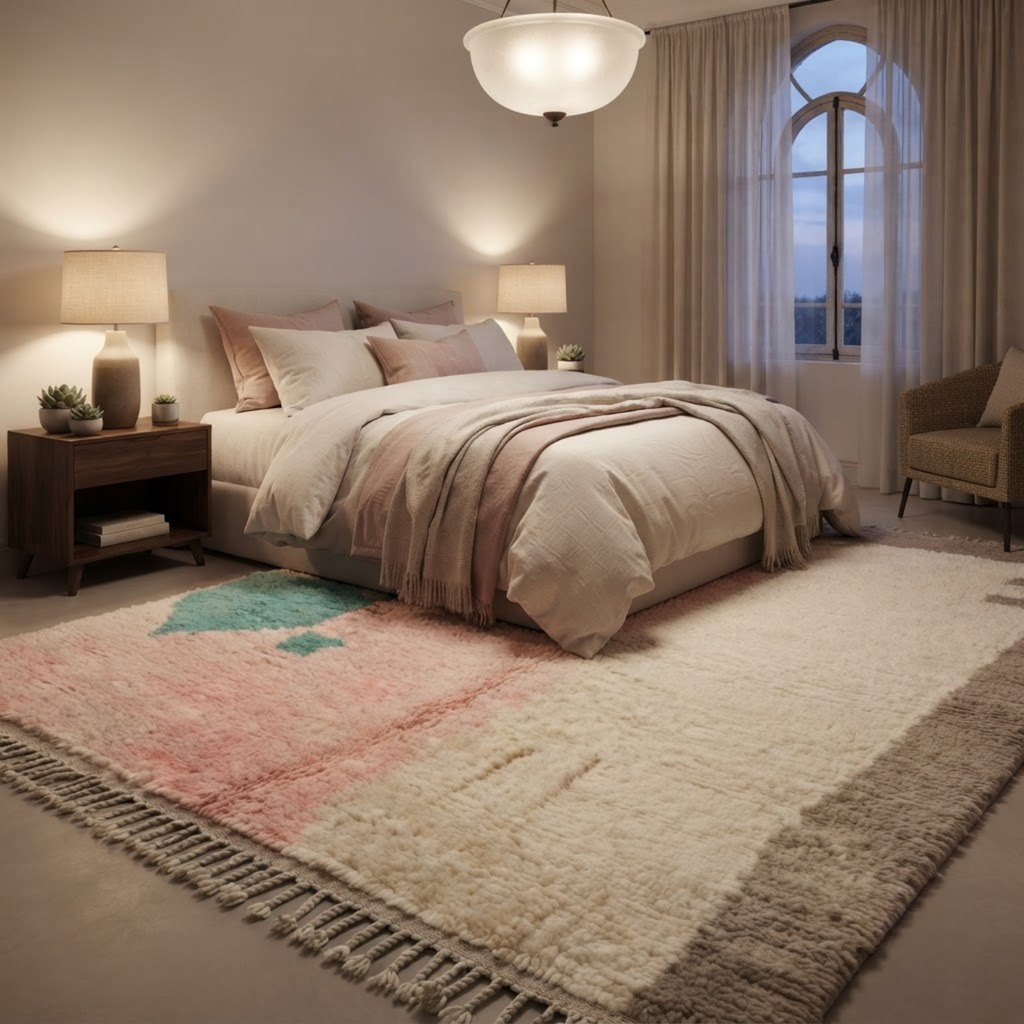 Handmade Moroccan Wool Rug Vintage Azilal / Boujaad Style | Abstract Pastel Blush, Emerald & Taupe Grey Atlas Carpet