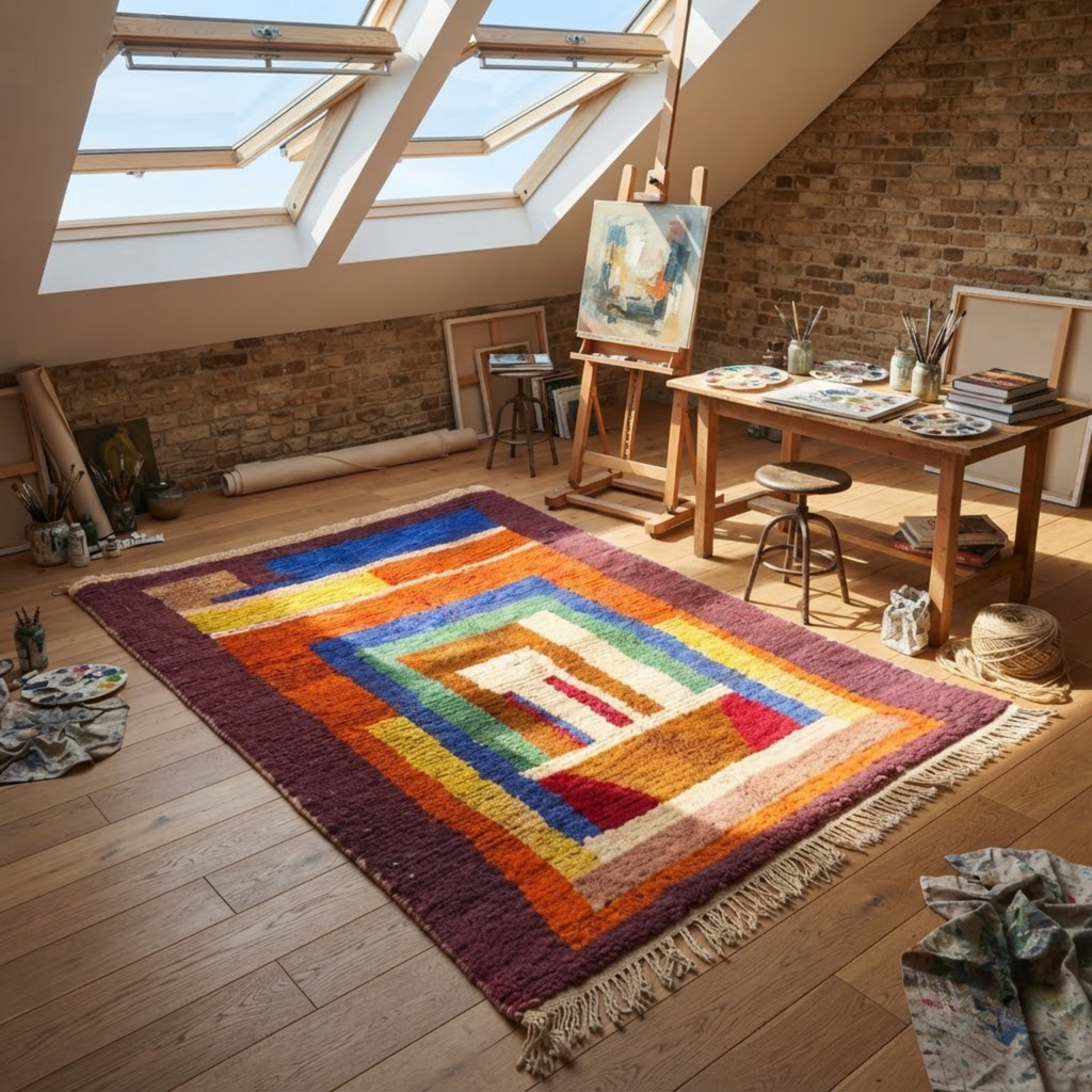 Handmade Moroccan Wool Rug Boujaad / Azilal Style | Concentric Portal Composition in Burnt Orange, Aubergine & Cobalt Blue Atlas Carpet