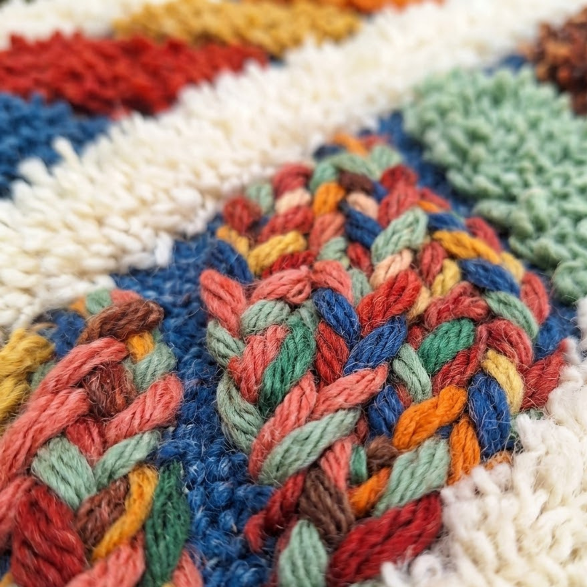 Handmade Moroccan Wool Rug Azilal Style | Multicolor Braided Herringbone on Ocean Blue & Ivory Atlas Carpet