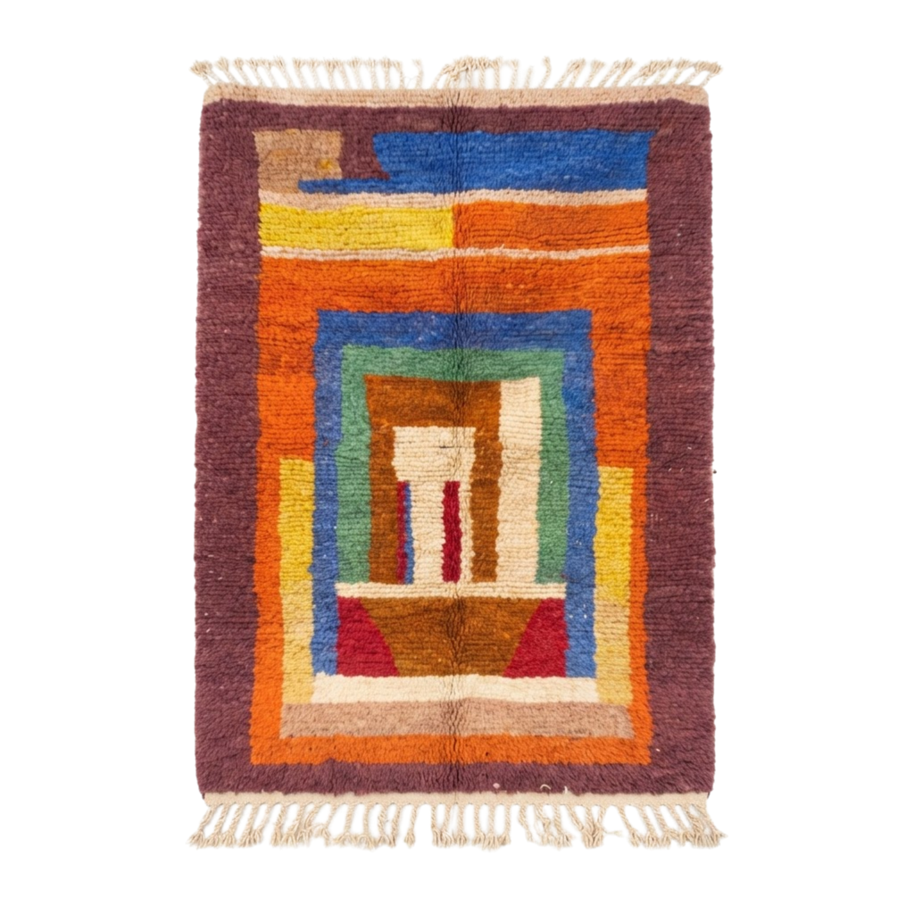 Handmade Moroccan Wool Rug Boujaad / Azilal Style | Concentric Portal Composition in Burnt Orange, Aubergine & Cobalt Blue Atlas Carpet