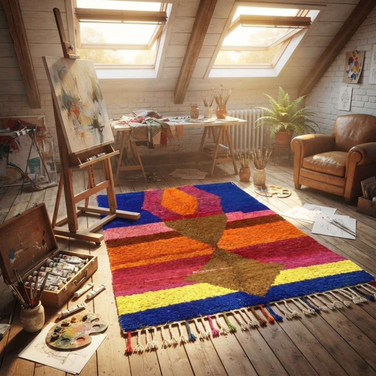 Handmade Moroccan Wool Rug Azilal / Boujaad Style | Central Totem Hourglass with Sunset Stripes & Cobalt Blue Atlas Carpet