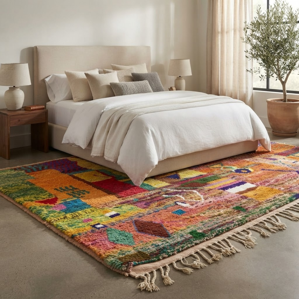 Handmade Moroccan Wool Rug Painterly Azilal Style | Abstract Expressionist Collage in Ochre, Terracotta & Jade Atlas Carpet