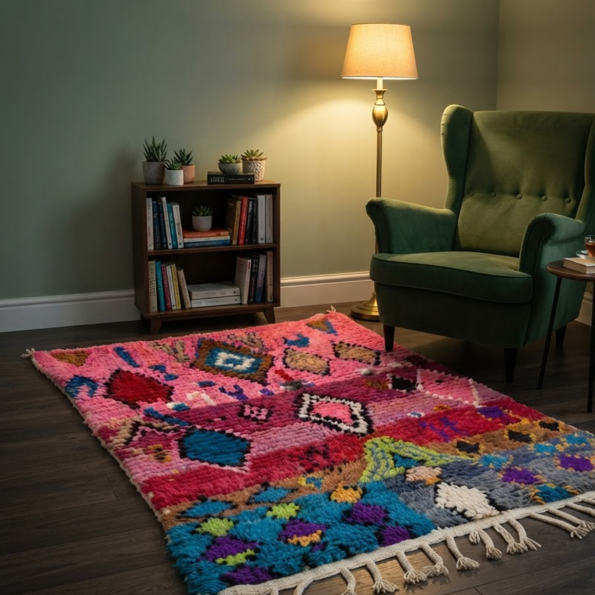 Handmade Moroccan Wool Rug Boujaad / Azilal Style | Tribal Diamond Talismans in Bubblegum Pink, Magenta & Turquoise Atlas Carpet