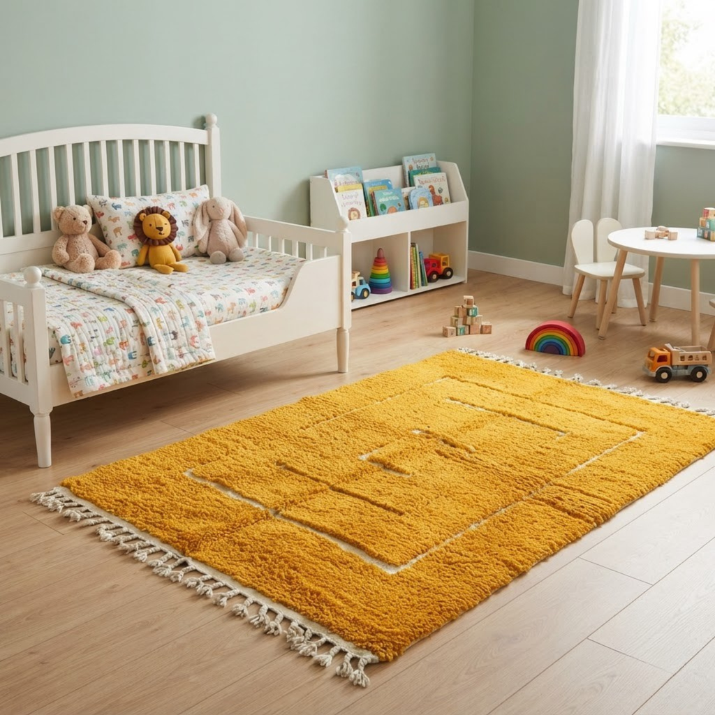 Handmade Moroccan Wool Rug Contemporary Beni Ourain Style | Concentric Rectangular Frames in Mustard Ochre & Ivory Atlas Carpet
