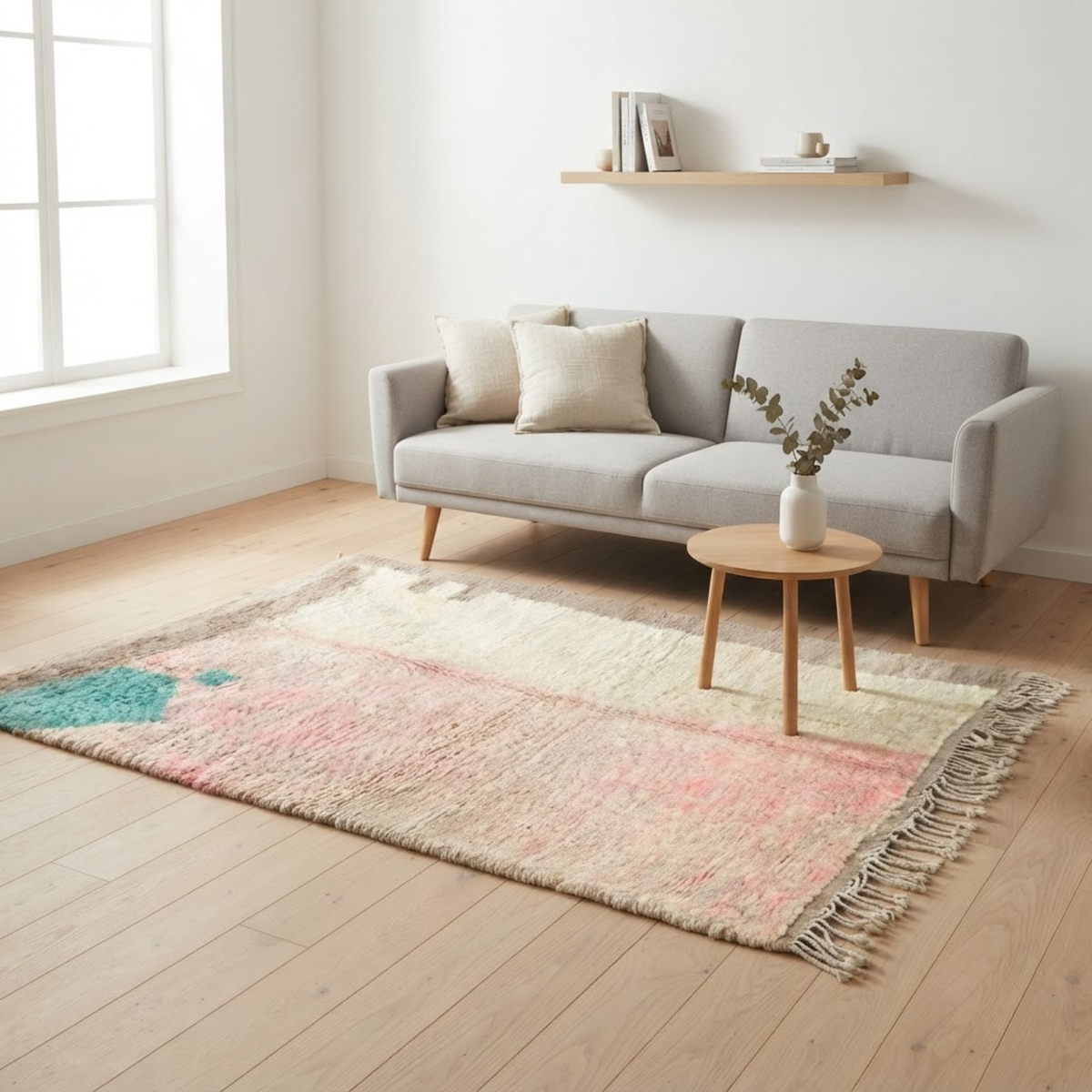 Handmade Moroccan Wool Rug Vintage Azilal / Boujaad Style | Abstract Pastel Blush, Emerald & Taupe Grey Atlas Carpet