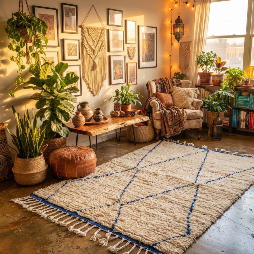 Handmade Moroccan Wool Rug Beni Ourain Style | Cobalt Blue Diamond Trellis on Natural Cream Atlas Carpet