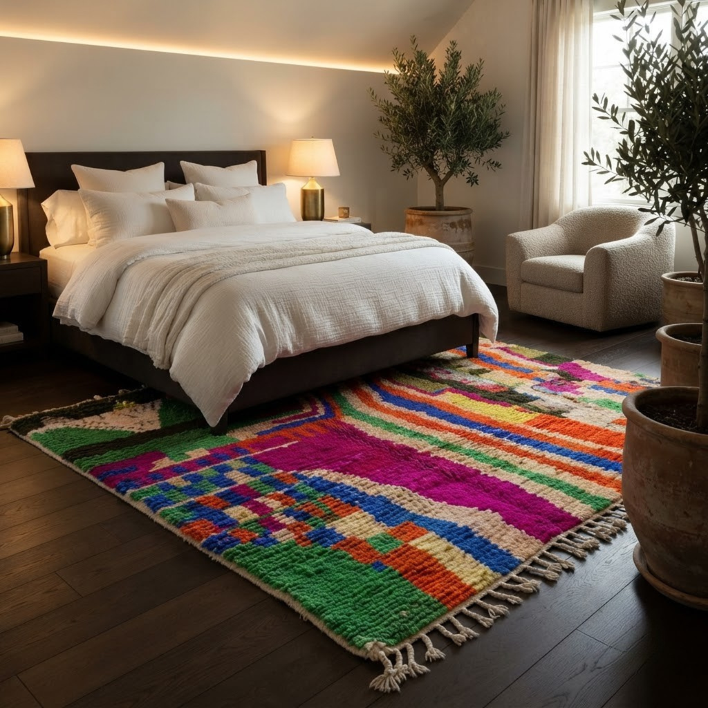 Handmade Moroccan Wool Rug Painterly Azilal / Boujaad Style | Abstract Expressionist Color Block in Fuchsia, Green & Orange Atlas Carpet