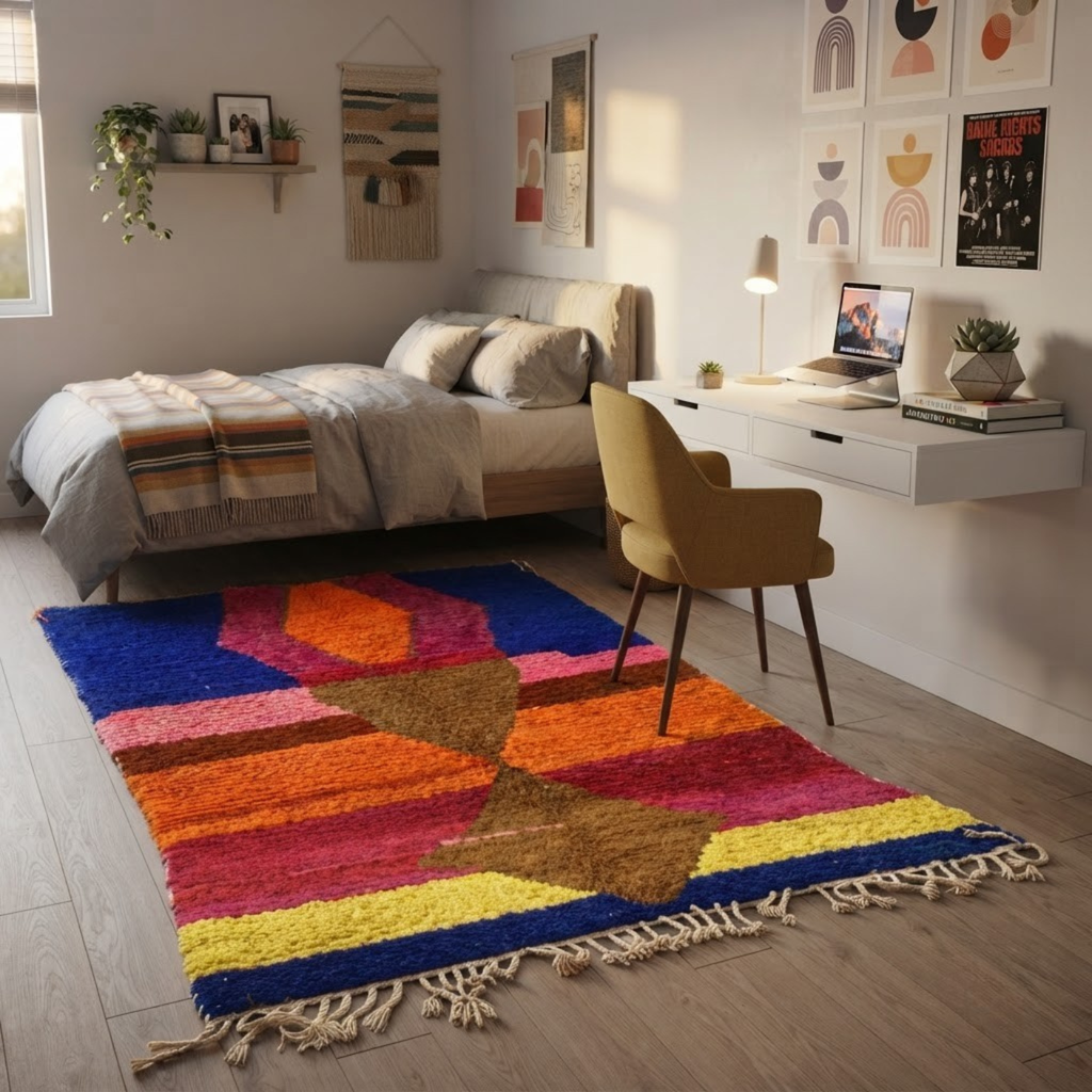Handmade Moroccan Wool Rug Azilal / Boujaad Style | Central Totem Hourglass with Sunset Stripes & Cobalt Blue Atlas Carpet