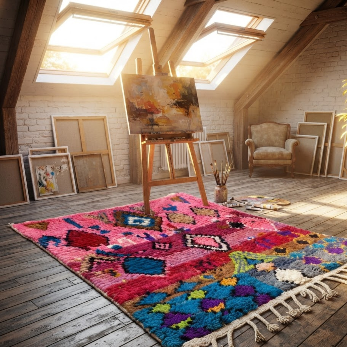 Handmade Moroccan Wool Rug Boujaad / Azilal Style | Tribal Diamond Talismans in Bubblegum Pink, Magenta & Turquoise Atlas Carpet