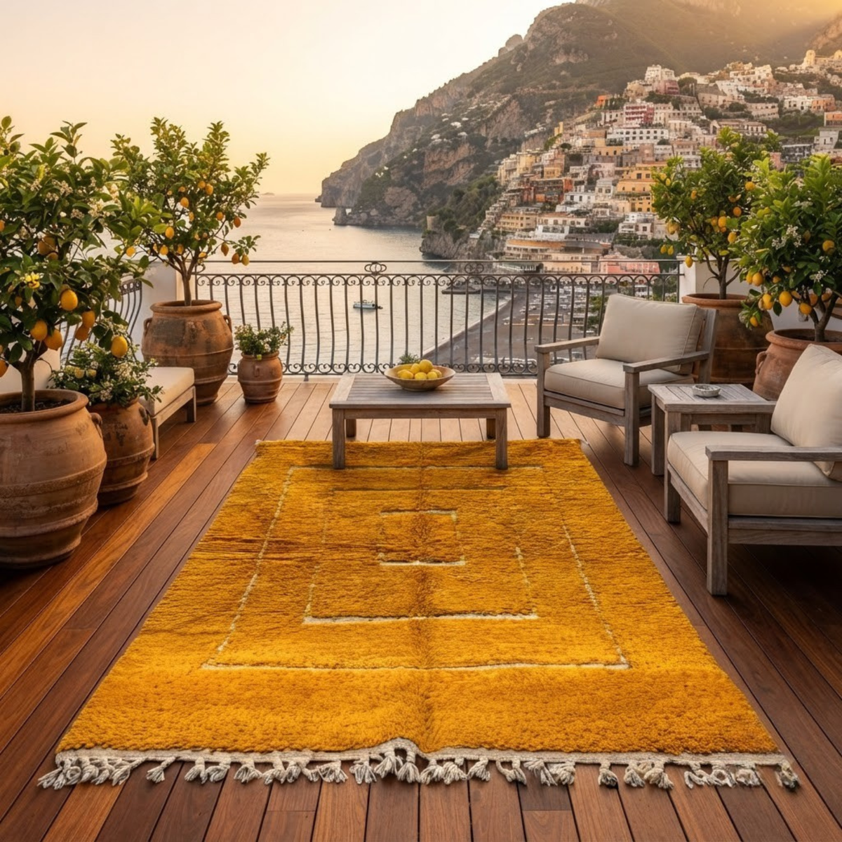Handmade Moroccan Wool Rug Contemporary Beni Ourain Style | Concentric Rectangular Frames in Mustard Ochre & Ivory Atlas Carpet