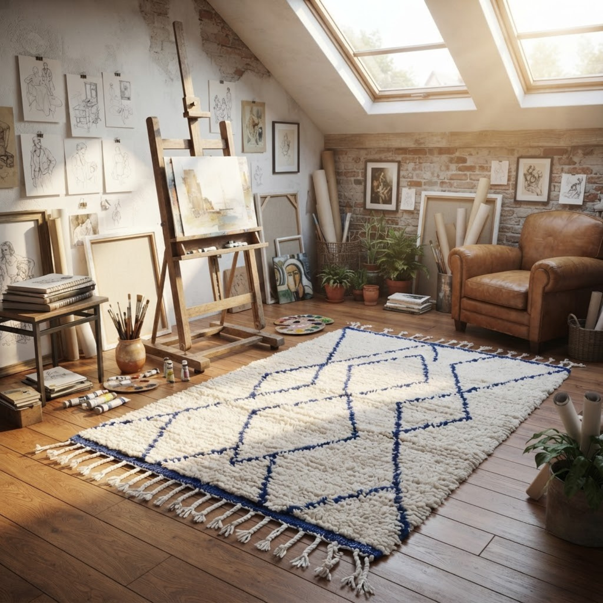 Handmade Moroccan Wool Rug Beni Ourain Style | Cobalt Blue Diamond Trellis on Natural Cream Atlas Carpet