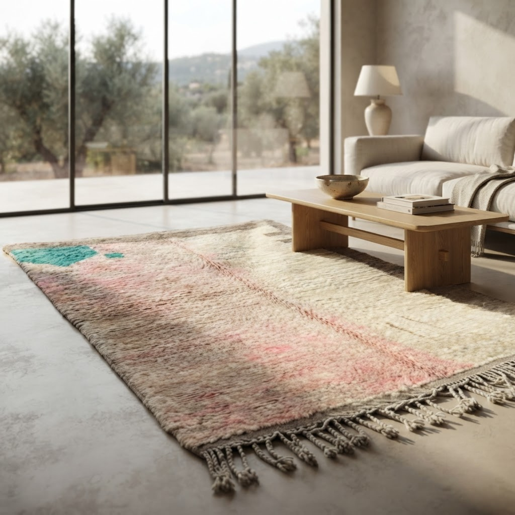Handmade Moroccan Wool Rug Vintage Azilal / Boujaad Style | Abstract Pastel Blush, Emerald & Taupe Grey Atlas Carpet
