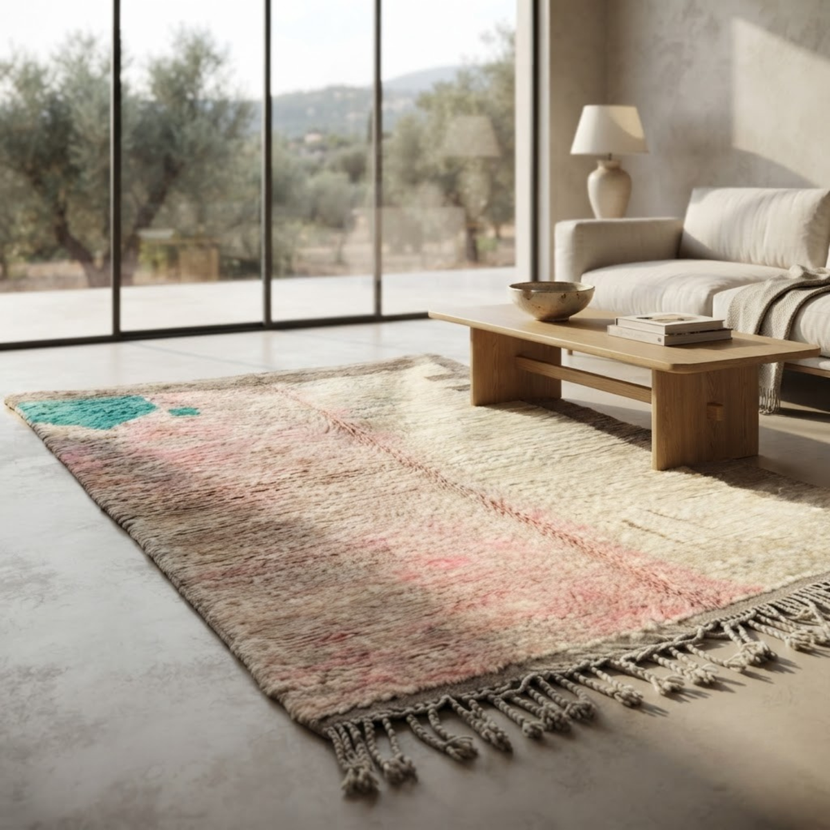 Handmade Moroccan Wool Rug Vintage Azilal / Boujaad Style | Abstract Pastel Blush, Emerald & Taupe Grey Atlas Carpet