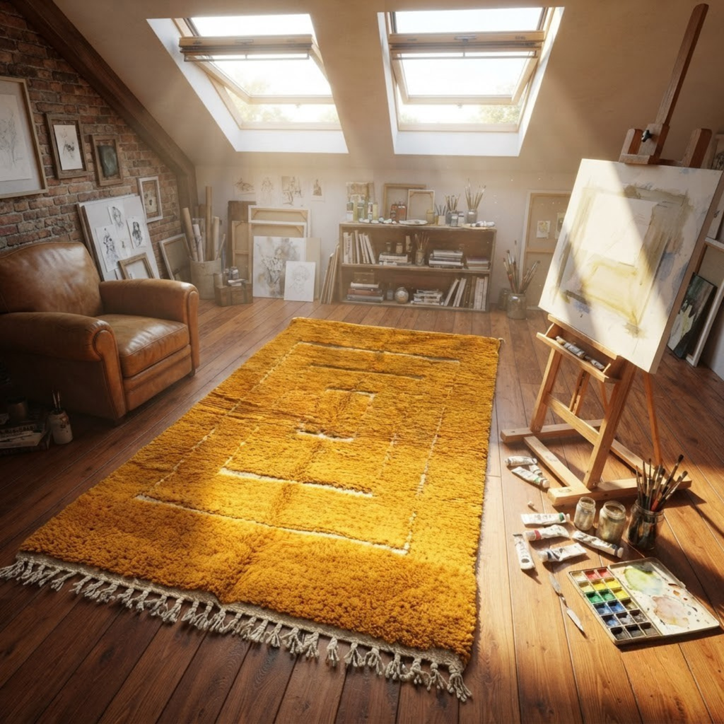 Handmade Moroccan Wool Rug Contemporary Beni Ourain Style | Concentric Rectangular Frames in Mustard Ochre & Ivory Atlas Carpet