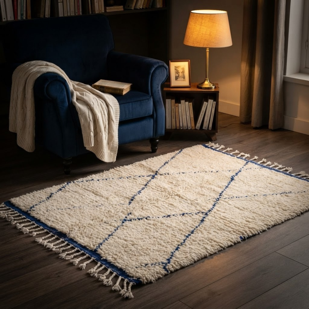 Handmade Moroccan Wool Rug Beni Ourain Style | Cobalt Blue Diamond Trellis on Natural Cream Atlas Carpet