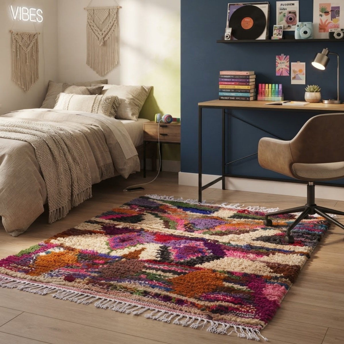 Handmade Moroccan Wool Rug Azilal / Boujaad Style | Central Totem Hourglass with Sunset Stripes & Cobalt Blue Atlas Carpet
