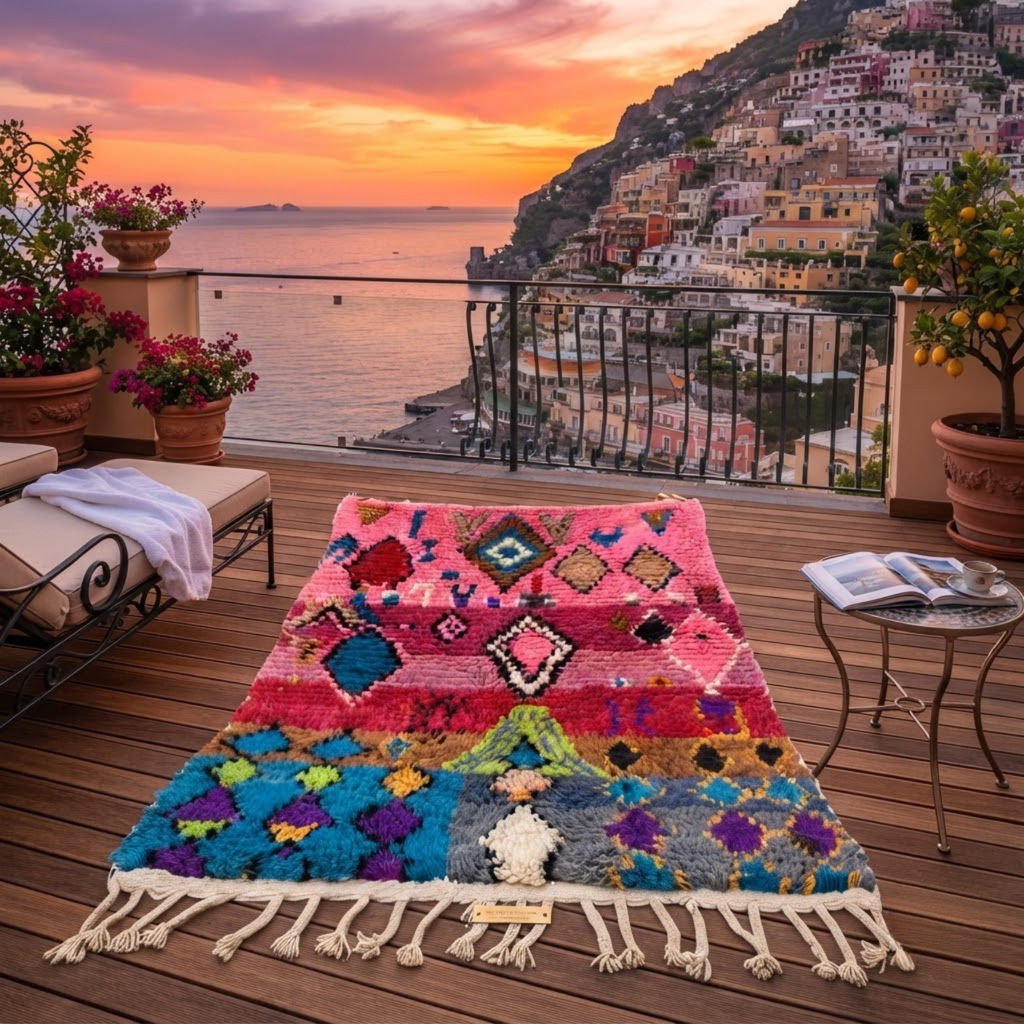 Handmade Moroccan Wool Rug Boujaad / Azilal Style | Tribal Diamond Talismans in Bubblegum Pink, Magenta & Turquoise Atlas Carpet