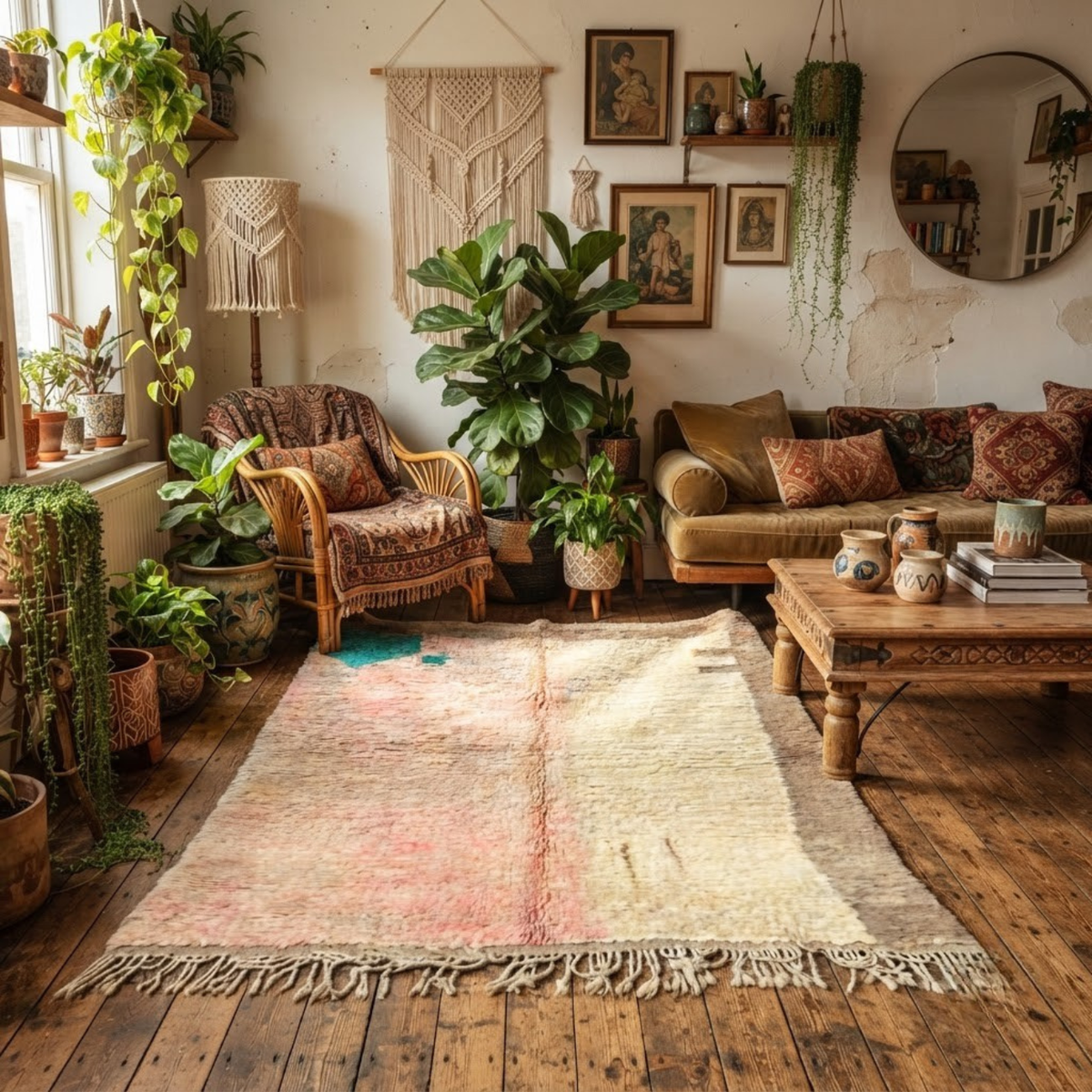 Handmade Moroccan Wool Rug Vintage Azilal / Boujaad Style | Abstract Pastel Blush, Emerald & Taupe Grey Atlas Carpet