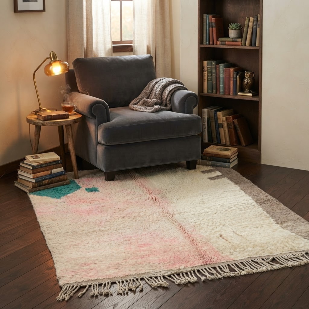 Handmade Moroccan Wool Rug Vintage Azilal / Boujaad Style | Abstract Pastel Blush, Emerald & Taupe Grey Atlas Carpet