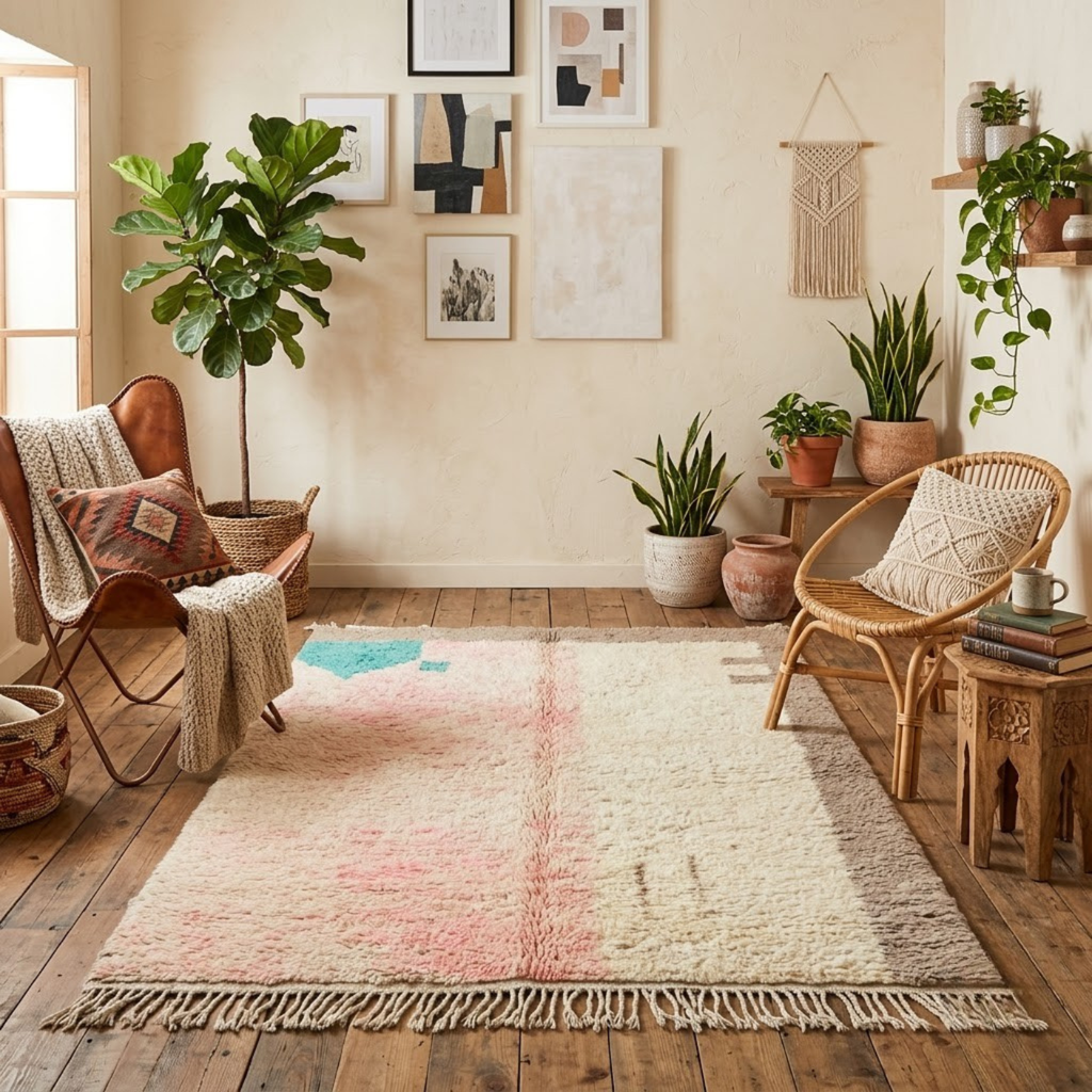 Handmade Moroccan Wool Rug Vintage Azilal / Boujaad Style | Abstract Pastel Blush, Emerald & Taupe Grey Atlas Carpet