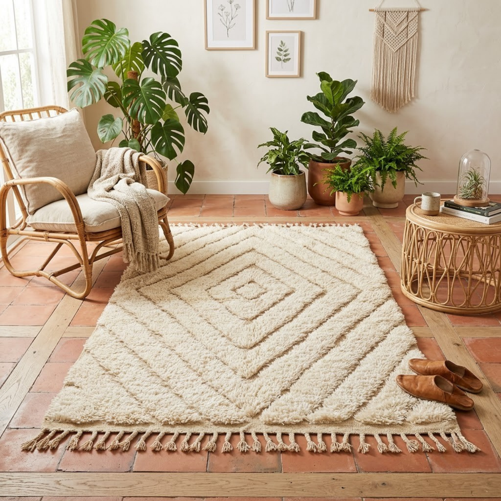 Handmade Moroccan Wool Rug Beni Ourain Style | High-Low 3D Concentric Diamond Pattern in Sand Beige & Ivory
