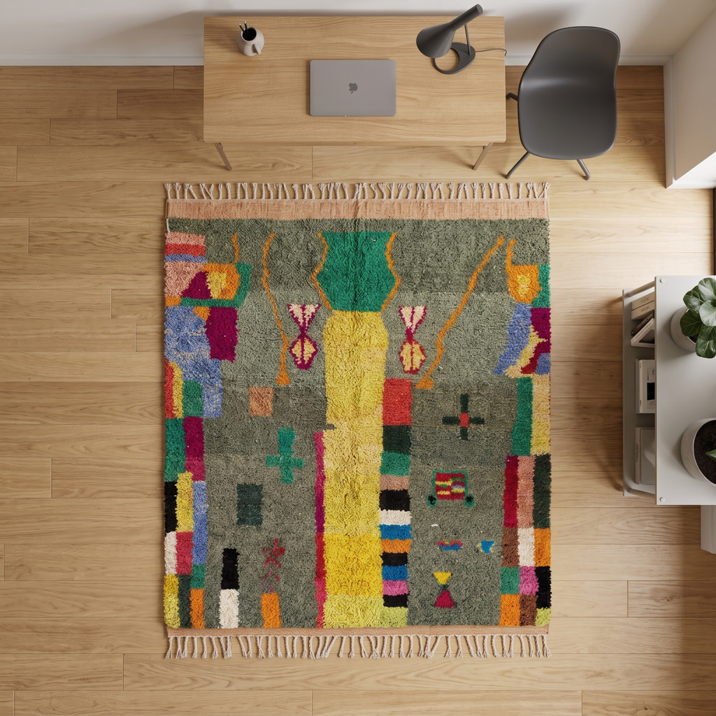 Handmade Moroccan Wool Rug Azilal Style | Sage Olive Green with Tree of Life & Berber Motifs Atlas Carpet