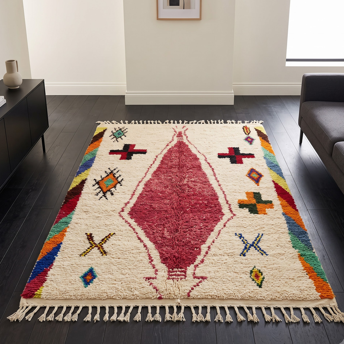 Handmade Moroccan Wool Rug Azilal Style | Magenta Centerpiece & Tribal Cross Symbols on Cream Atlas Carpet