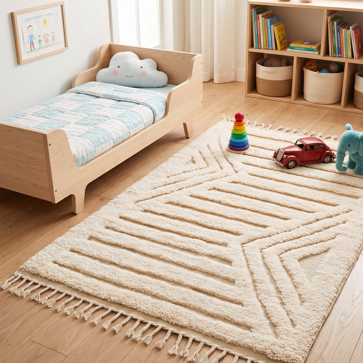 Handmade Moroccan Wool Textured Rug | High-Low Geometric Cream & Sand Atlas Berber Carpet