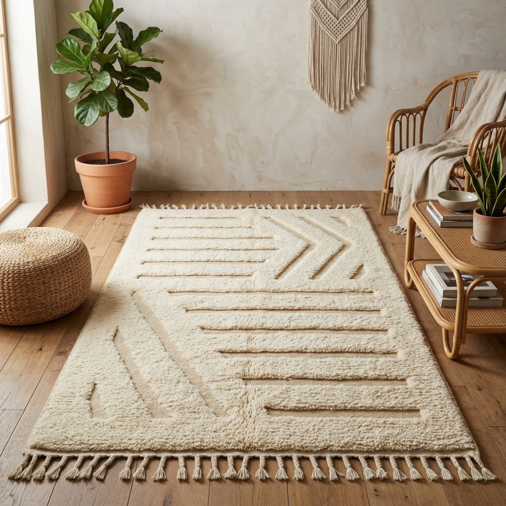 Handmade Moroccan Wool Rug Beni Ourain Style | High-Low 3D Geometric Linear Pattern in Cream & Sand