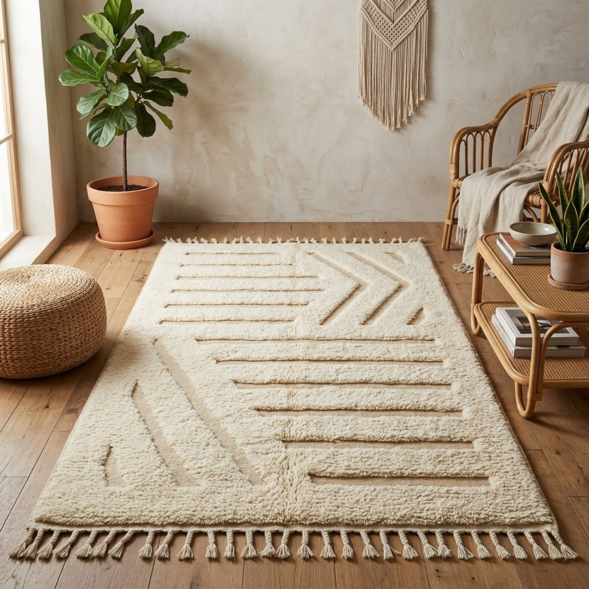 Handmade Moroccan Wool Rug Beni Ourain Style | High-Low 3D Geometric Linear Pattern in Cream & Sand