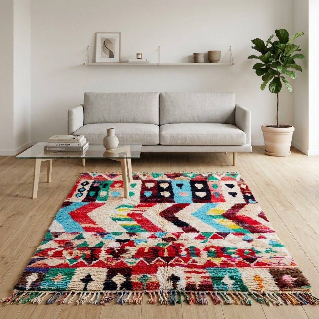 Handmade Moroccan Wool Rug Azilal Style | Vibrant Multicolor Tribal Chevron & Talisman Atlas Carpet