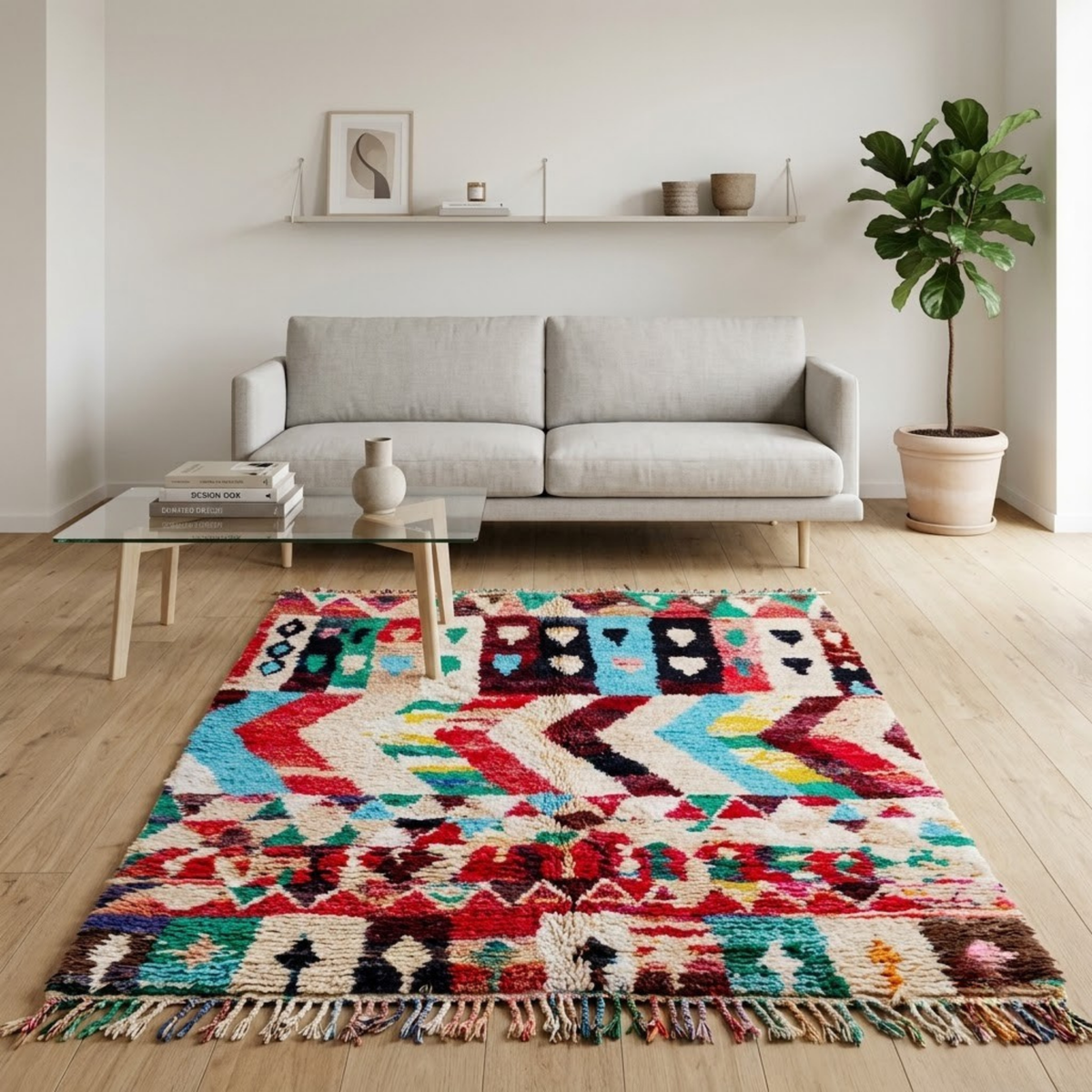 Handmade Moroccan Wool Rug Azilal Style | Vibrant Multicolor Tribal Chevron & Talisman Atlas Carpet