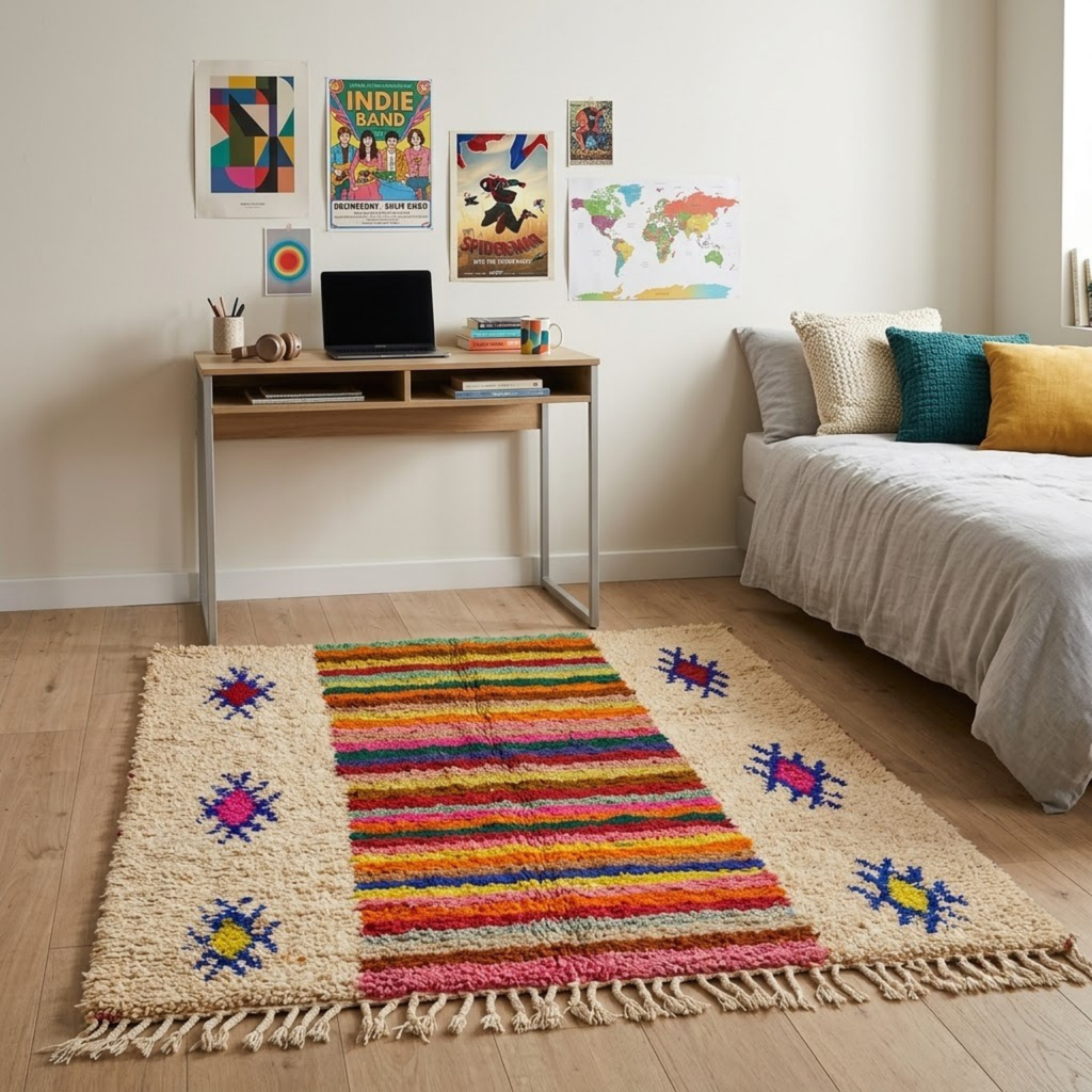 Handmade Moroccan Wool Rug Azilal Style | Multicolor Striped Center & Protective Talismans on Sand Atlas Carpet