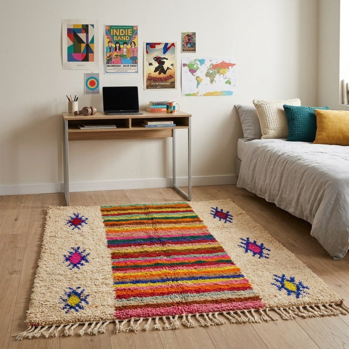 Handmade Moroccan Wool Rug Azilal Style | Multicolor Striped Center & Protective Talismans on Sand Atlas Carpet