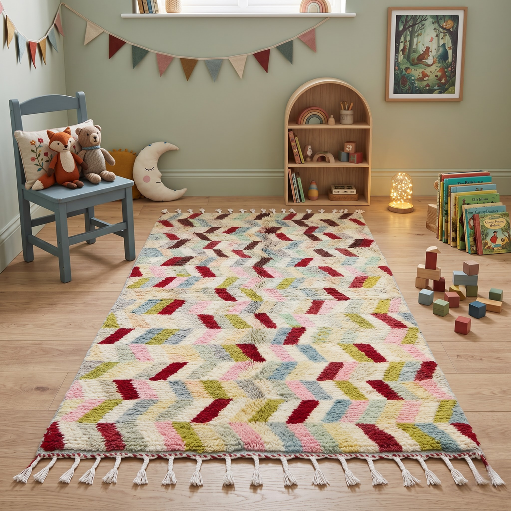 Handmade Moroccan Wool Rug Azilal / Boujaad Style | Multicolor Herringbone Chevron Pattern Atlas Carpet