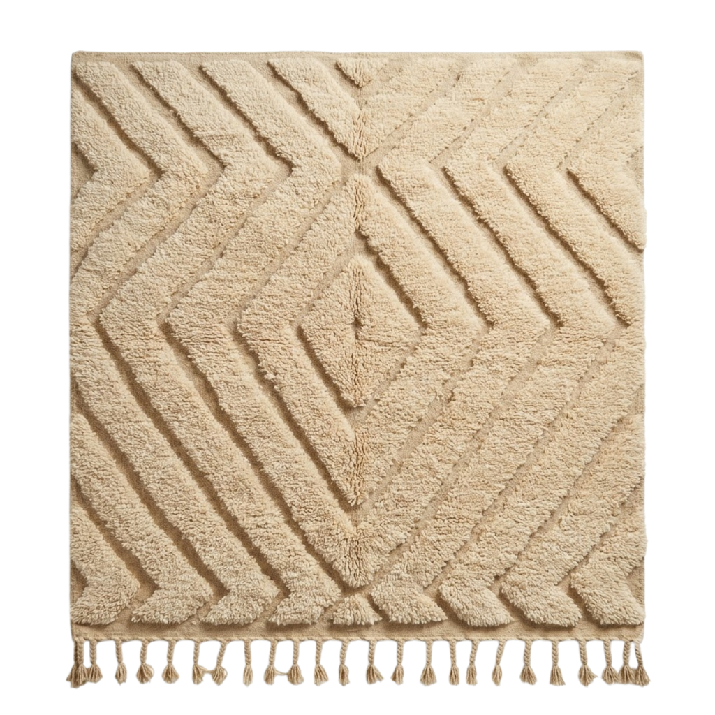 Handmade Moroccan Wool Rug Beni Ourain Style | High-Low 3D Textured Diamond & Chevron Pattern in Sand Beige