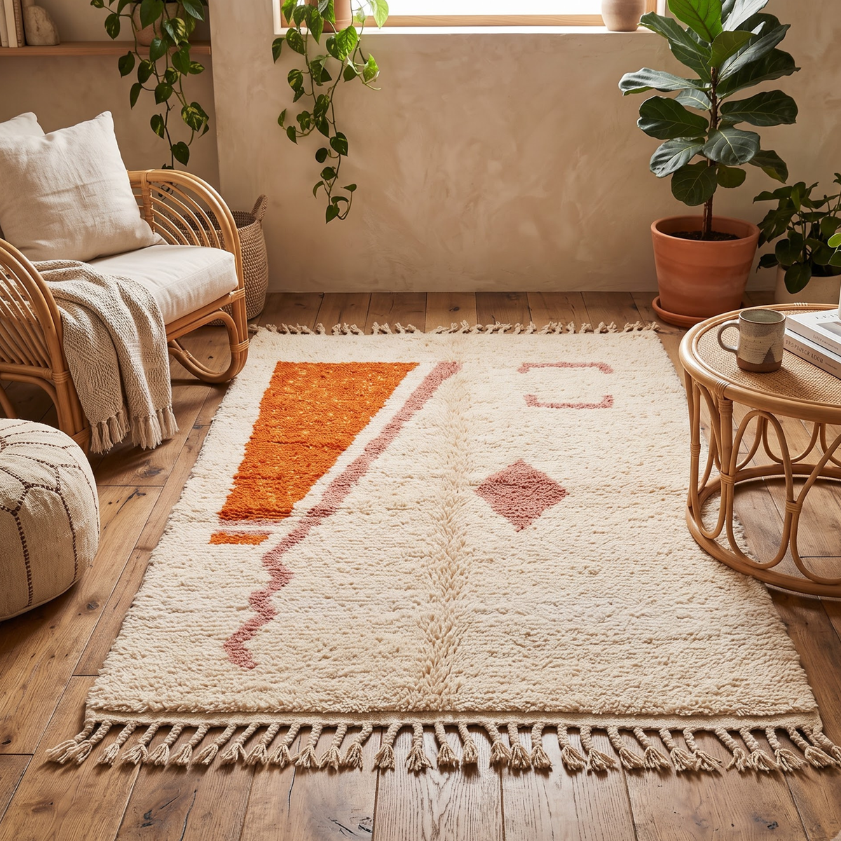 Handmade Moroccan Wool Rug Minimalist Azilal Style | Abstract Geometric Motifs in Terracotta & Dusty Pink Atlas Carpet