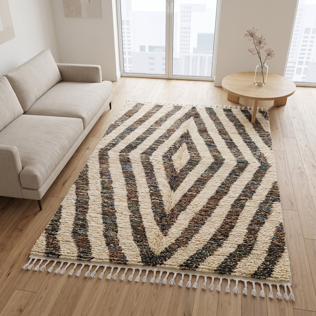 Handmade Moroccan Wool Rug Concentric Heathered Diamond Pattern | Natural Earth Tone Atlas Berber Carpet