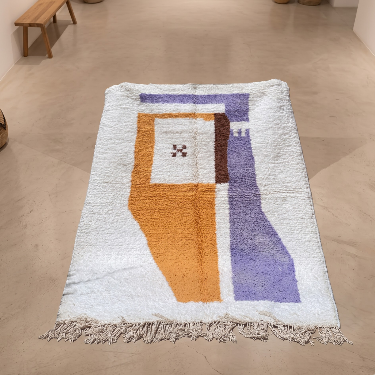Handmade Moroccan Wool Rug Azilal Style | Abstract Minimalist Color Block in Lavender, Ochre & Cream Atlas Carpet