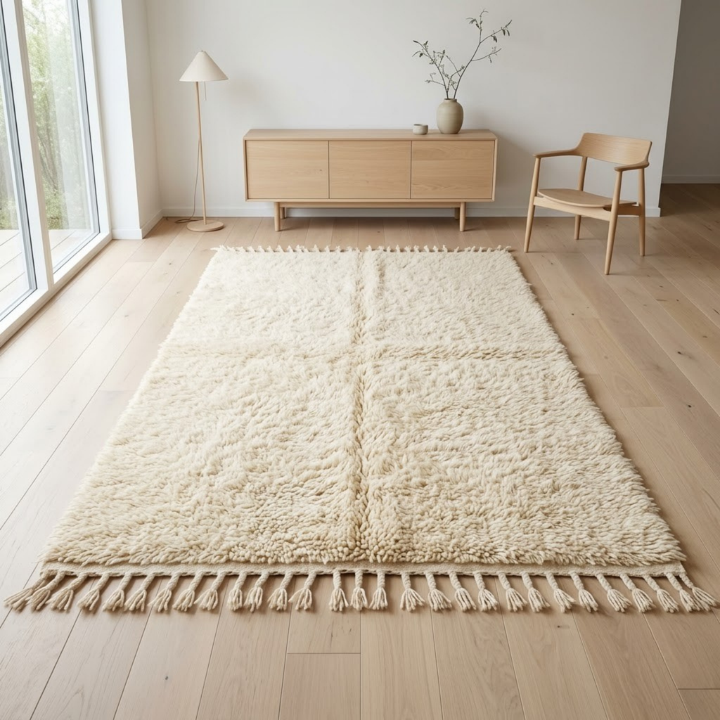 Handmade Moroccan Wool Rug Plain Beni Ourain Style | Solid Natural Sand & Cream High-Pile Atlas Carpet