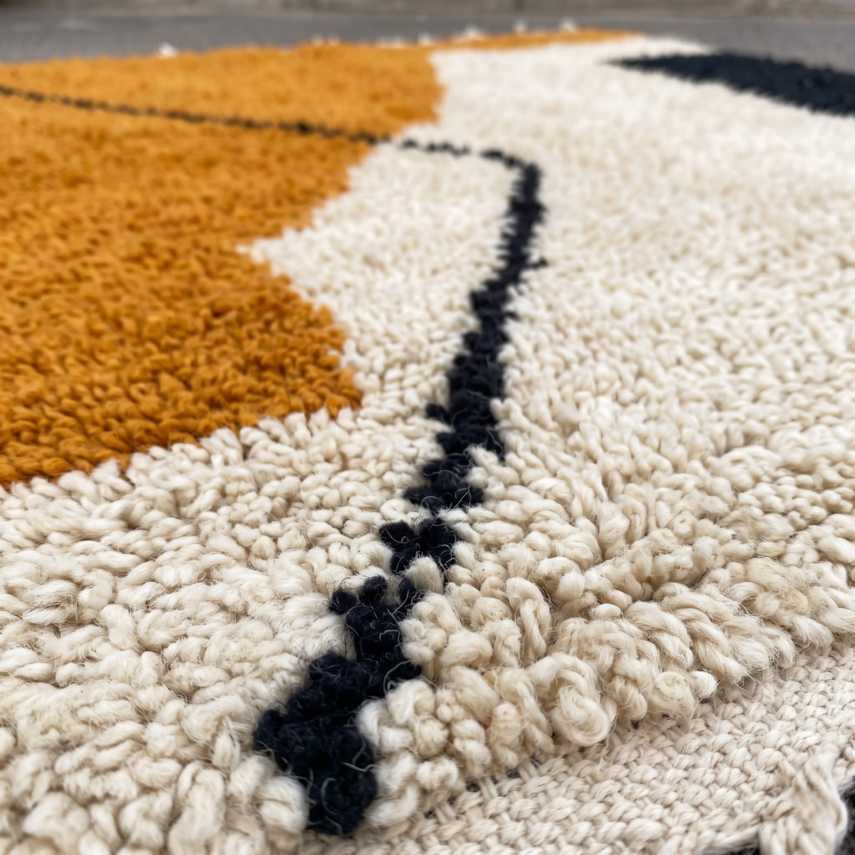 Handmade Moroccan Wool Rug Contemporary Azilal Style | Geometric Color Block in Mustard Ochre, Charcoal & Ivory Atlas Carpet