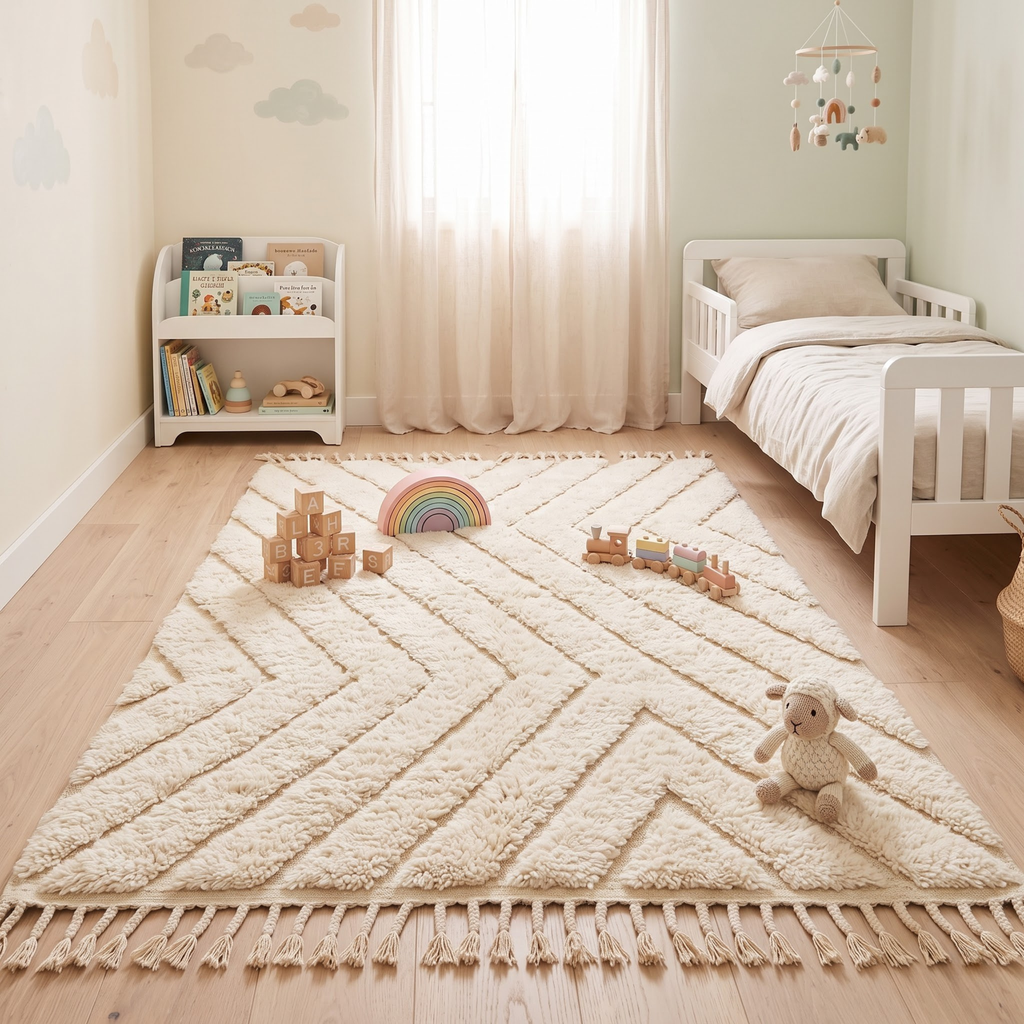 Handmade Moroccan Wool Rug Beni Ourain Style | High-Low 3D Textured Chevron Pattern in Cream & Sand