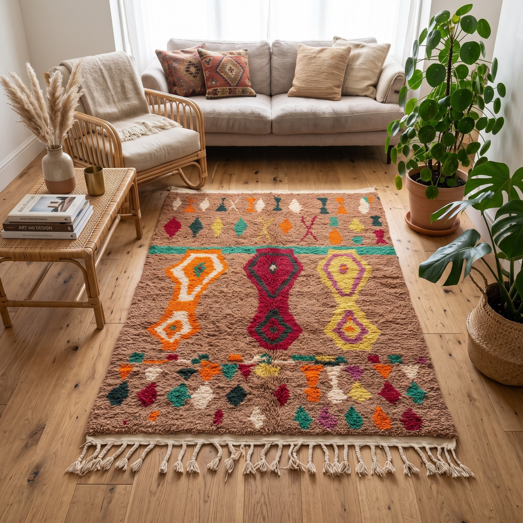 Handmade Moroccan Wool Rug Azilal / Boujaad Style | Mocha Brown Field with Tribal Urn & Talisman Motifs Atlas Carpet