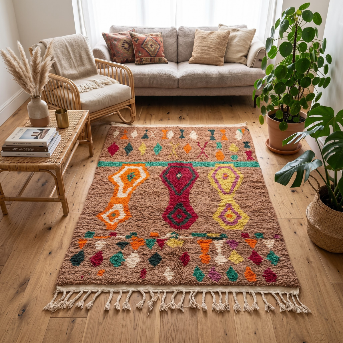 Handmade Moroccan Wool Rug Azilal / Boujaad Style | Mocha Brown Field with Tribal Urn & Talisman Motifs Atlas Carpet