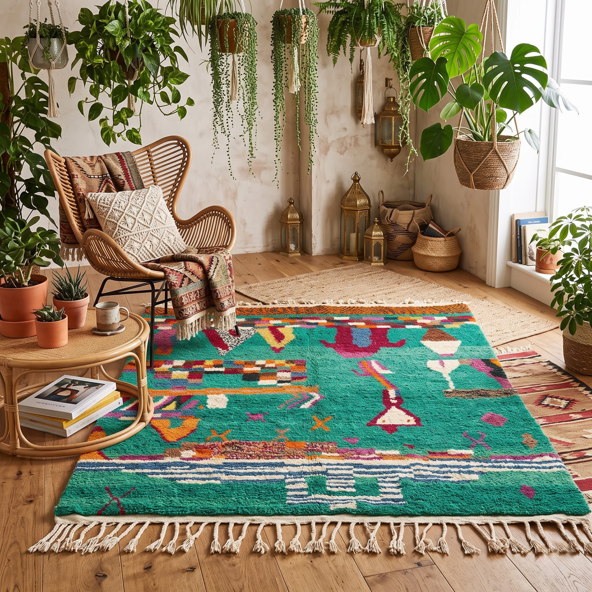 Handmade Moroccan Wool Rug Azilal Style | Emerald Green with Multicolor Tribal Berber Symbols Atlas Carpet
