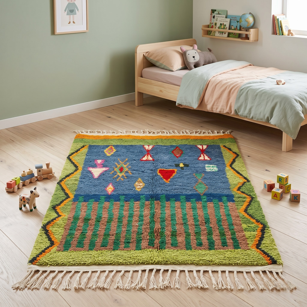 Handmade Moroccan Wool Rug Azilal Style | Starry Atlas Night Sky with Tribal Symbols in Indigo & Green