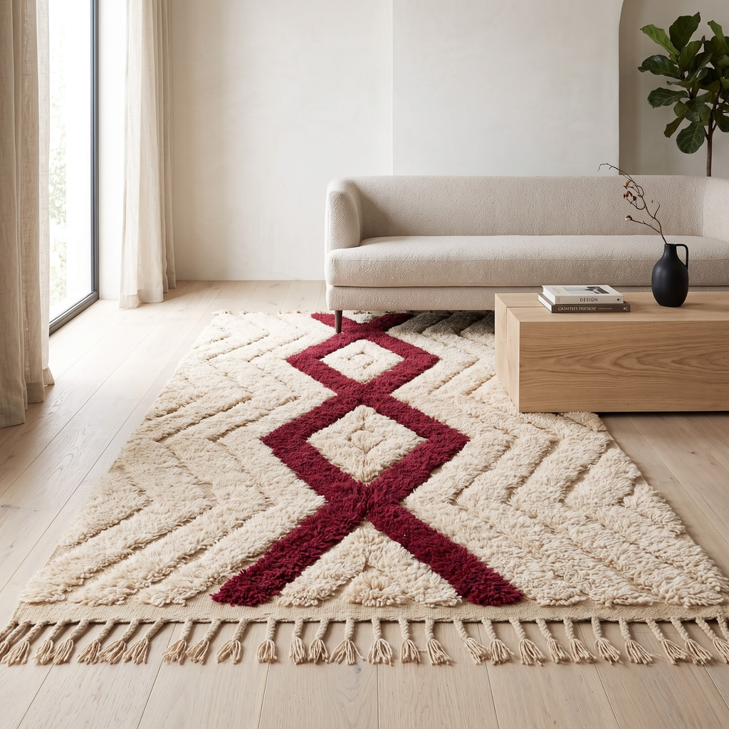 Handmade Moroccan Textured Wool Rug with Ruby Red Diamond | High-Low Atlas Berber Carpet