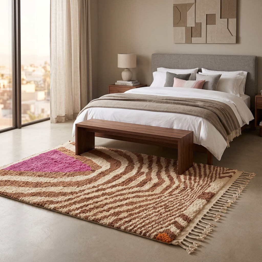 Handmade Moroccan Wool Rug Azilal Style | Caramel Wave Motif with Magenta Focal Point Atlas Carpet