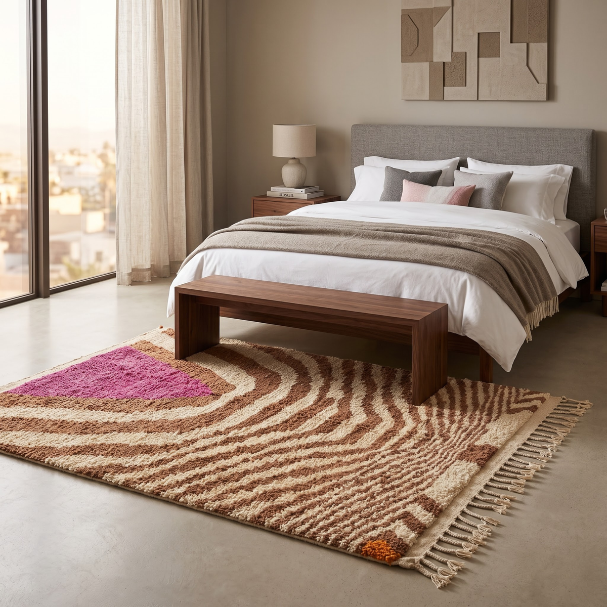 Handmade Moroccan Wool Rug Azilal Style | Caramel Wave Motif with Magenta Focal Point Atlas Carpet